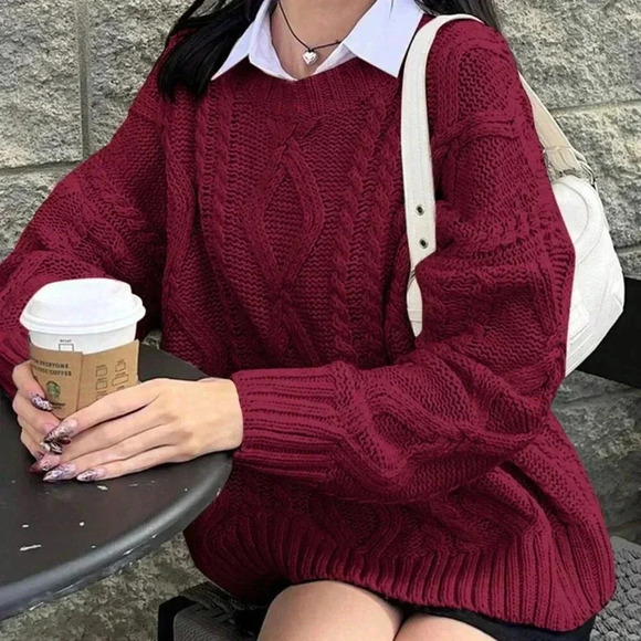 Burgundy Casual Women's Round Neck Cable Knit Long Sleeve Sweater - Picture 4 of 6